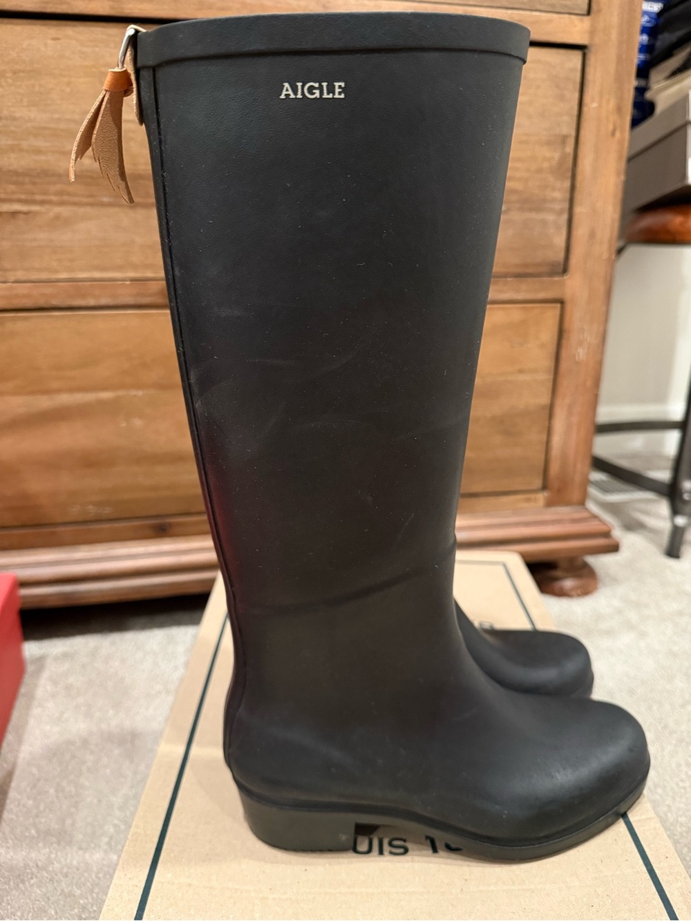 Aigle Black Tall Rubber Rain Boots with Brown Pull Tab